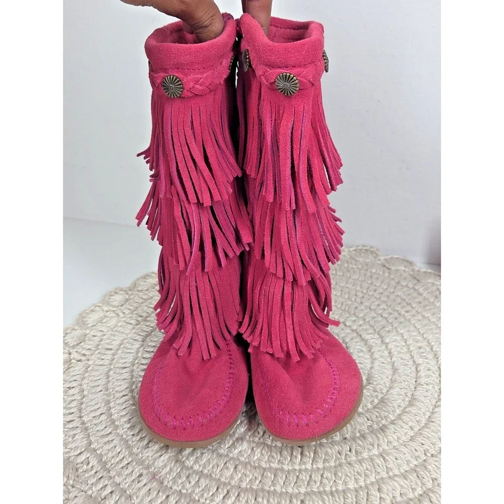 NEW Minnetonka 3 Layer Fringe Boots Girls 12 Pink Leather Suede Moccasin Barbie